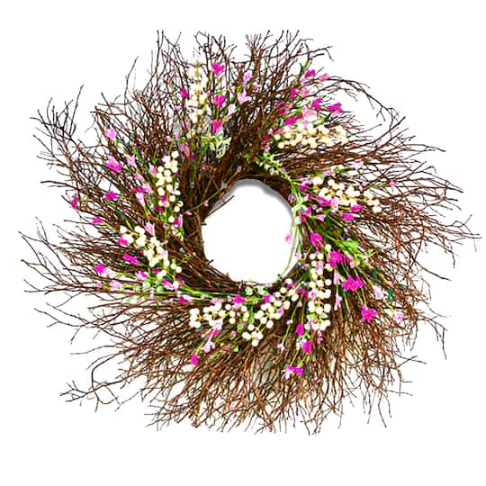 24&#x22; Spring Dark Pink &#x26; Cream Forsythia Wreath